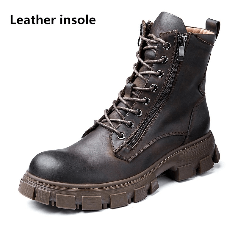Men's mid-calf leather boots with fur lining and rugged sole for casual style during colder months.